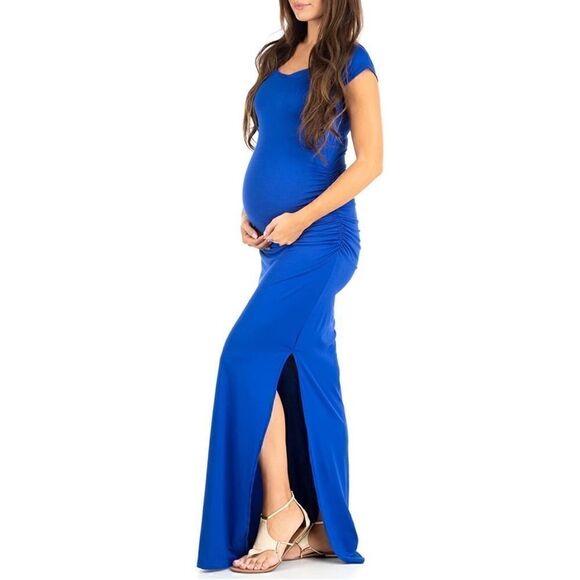 Maternity Short Sleeve Ruched Side Bodycon Dress with Side Slit Royal Bl… - Picture 3 of 5